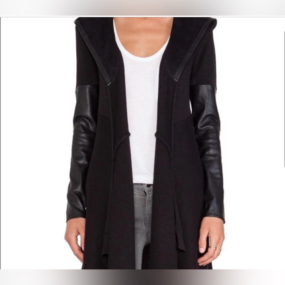 BLANKNYC Faux Leather Details Wool Blend Longline Hooded Cardigan Jacket m